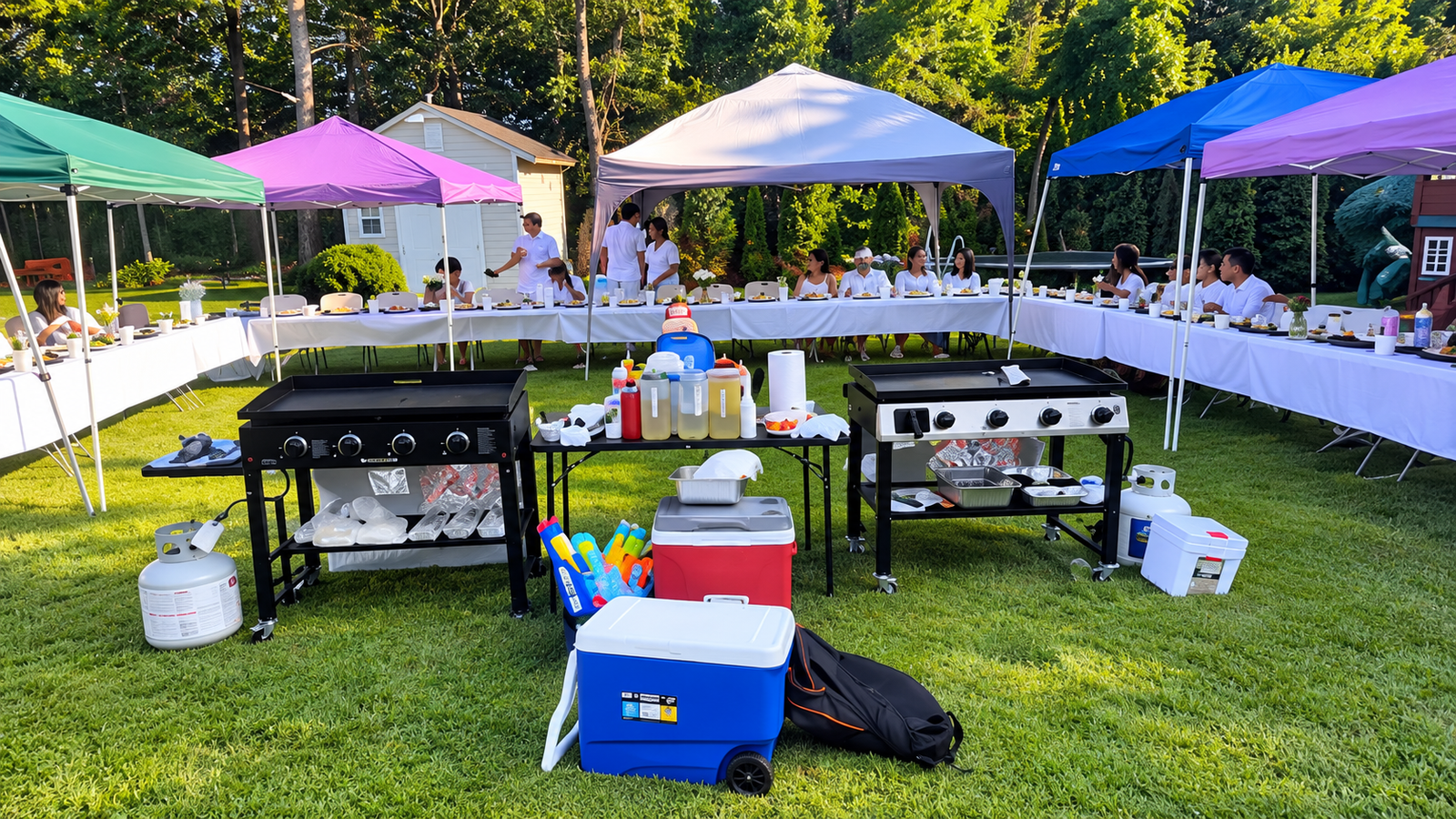 Backyard hibachi party tables and chef equipment ready for guests