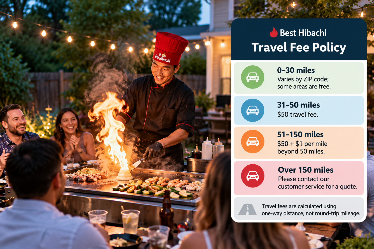 Best Hibachi travel fee chart showing mileage rates and ZIP code based free service areas