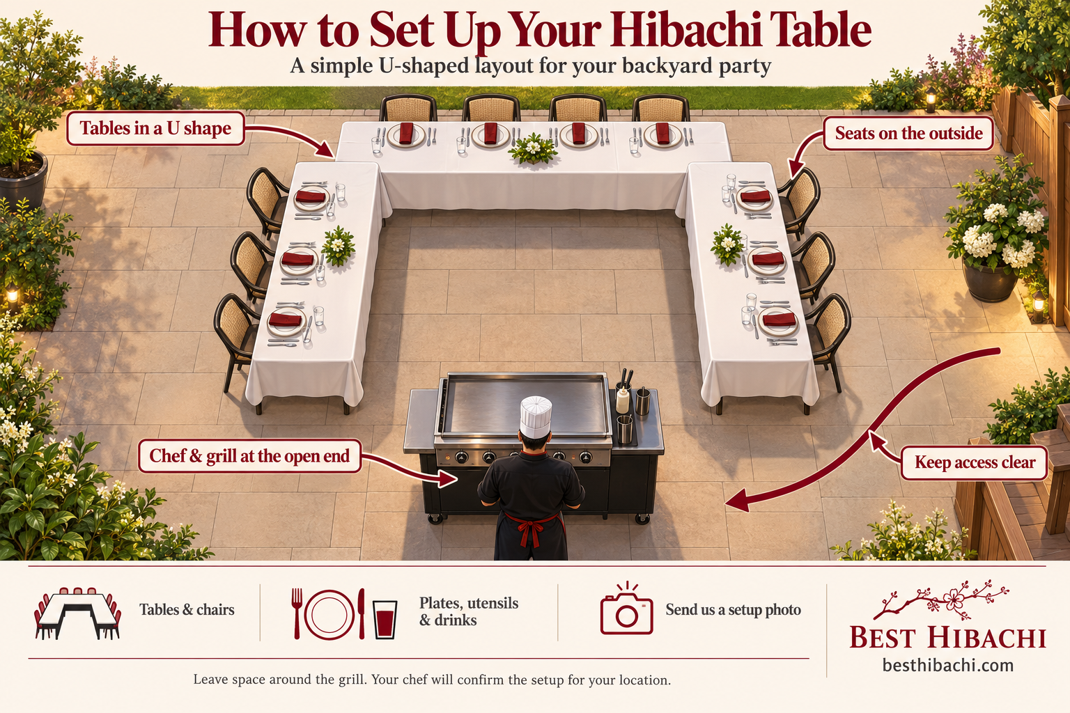 How to set up U-shaped hibachi tables with outside seating and a clear chef access path