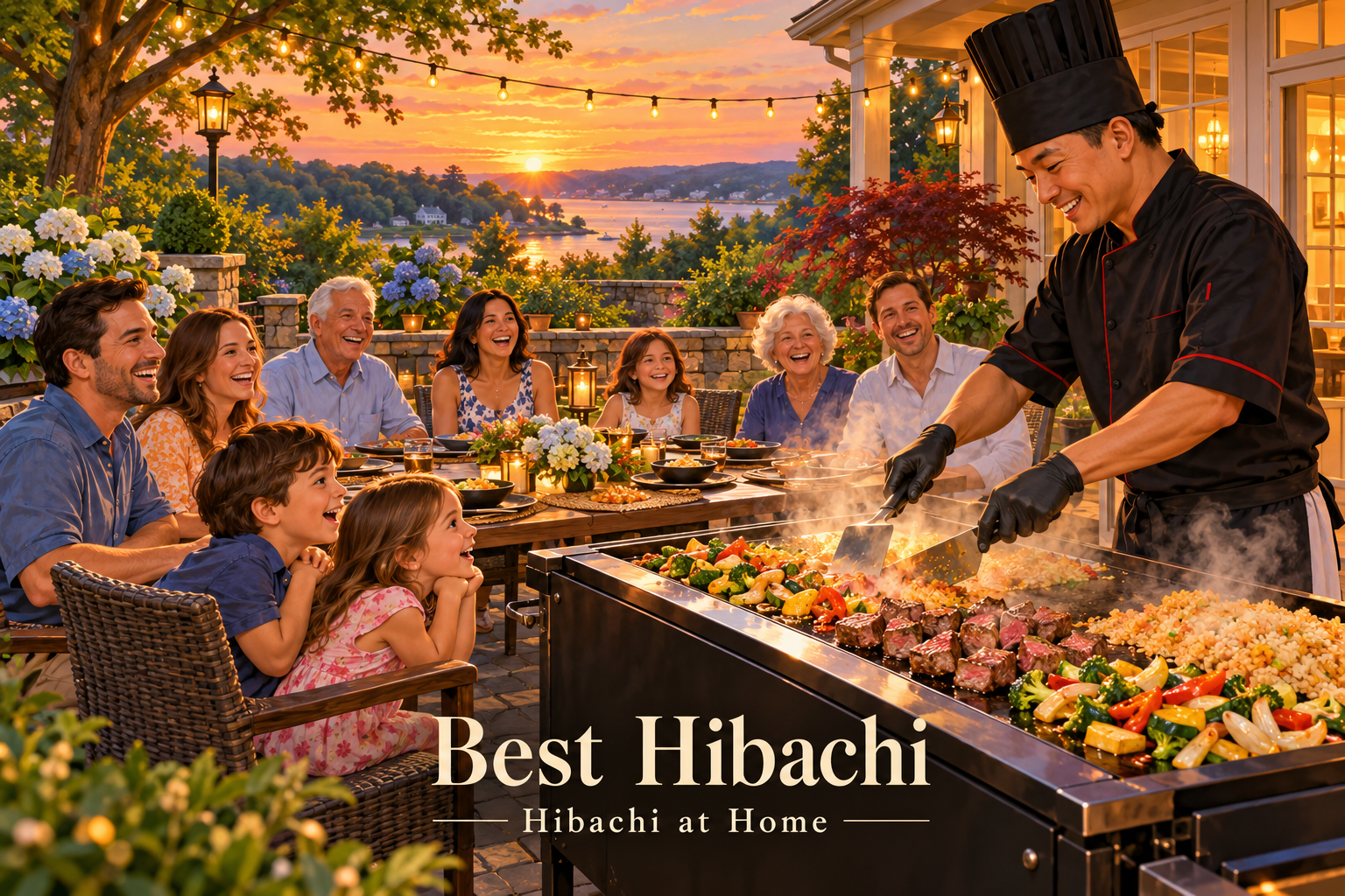 Illustration of a backyard hibachi party with a chef and guests