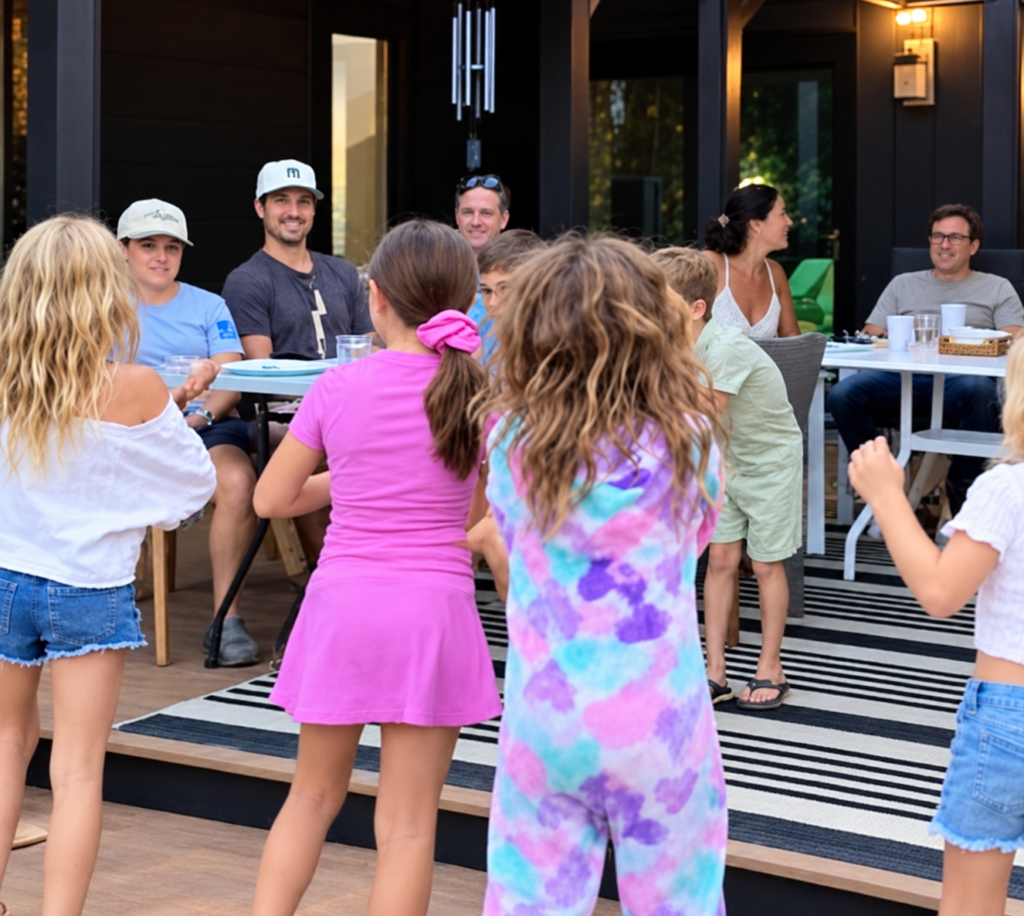Family and children gathered around outdoor dining tables on a patio