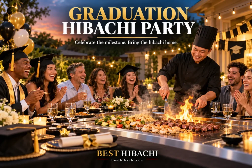 Graduation hibachi catering illustration with a chef, graduates and family around a backyard grill